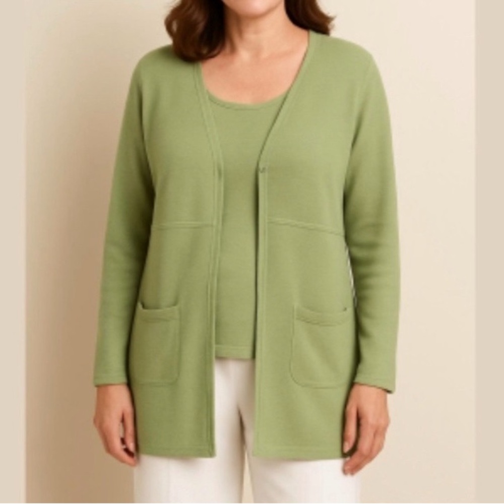 NWT EILEEN FISHER Silk Cotton 2-Piece Cardigan & Shell Set Green Large Petite